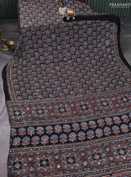Modal silk saree black with allover ajrakh prints & sequin work and mirror sequin work pallu