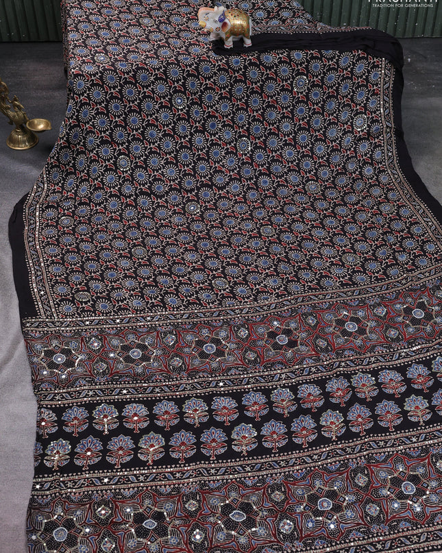 Modal silk saree black with allover ajrakh prints & sequin work and mirror sequin work pallu