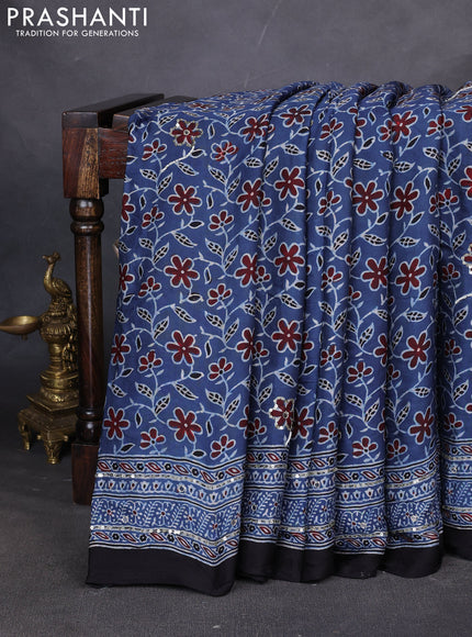Modal silk saree indigo blue and black with allover ajrakh prints & sequin work and mirror sequin work pallu