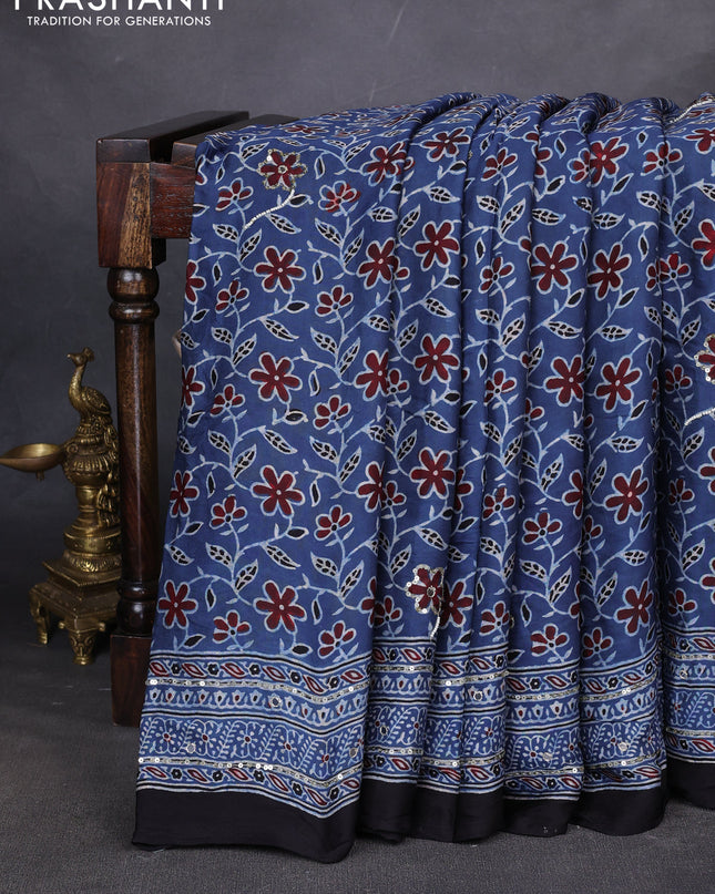 Modal silk saree indigo blue and black with allover ajrakh prints & sequin work and mirror sequin work pallu