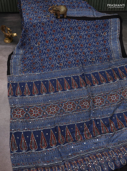 Modal silk saree indigo blue and black with allover ajrakh prints & sequin work and mirror sequin work pallu