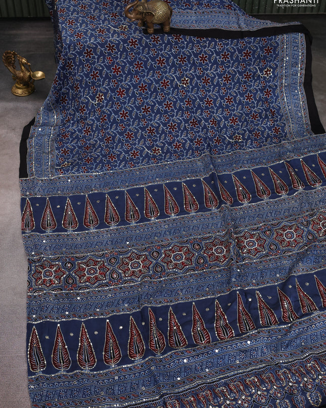 Modal silk saree indigo blue and black with allover ajrakh prints & sequin work and mirror sequin work pallu