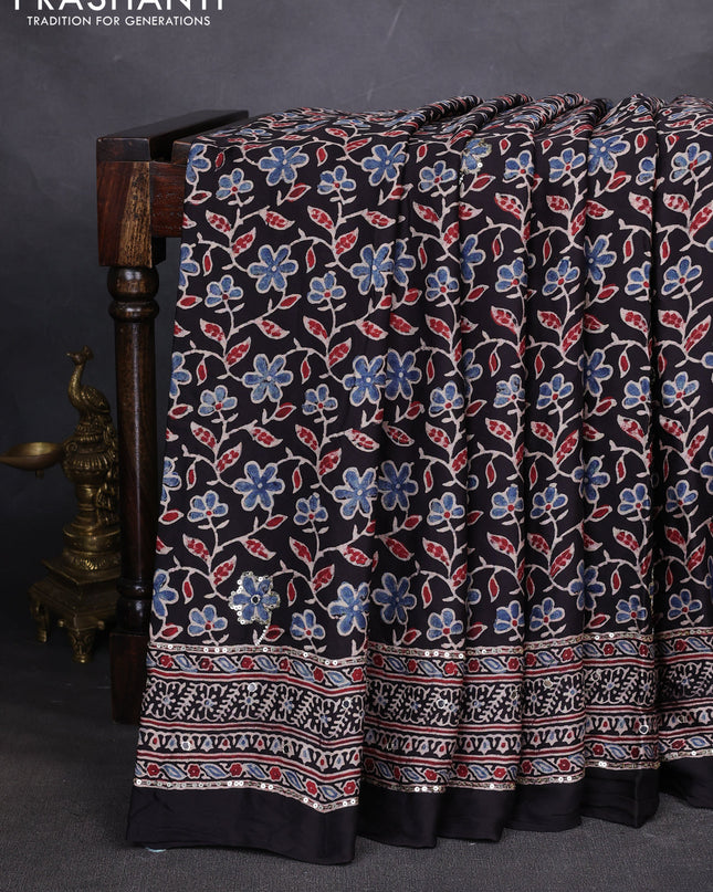 Modal silk saree black with allover ajrakh prints & sequin work and mirror sequin work pallu