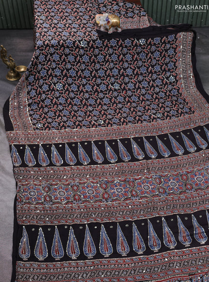 Modal silk saree black with allover ajrakh prints & sequin work and mirror sequin work pallu