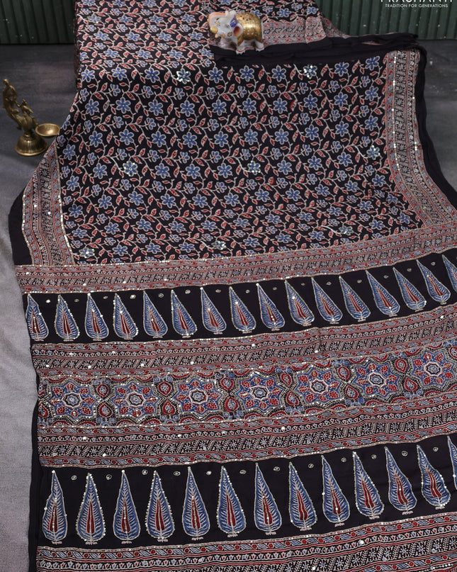 Modal silk saree black with allover ajrakh prints & sequin work and mirror sequin work pallu