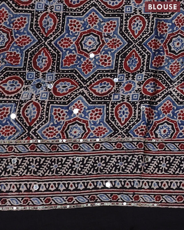 Modal silk saree black with allover ajrakh prints & sequin work and mirror sequin work pallu