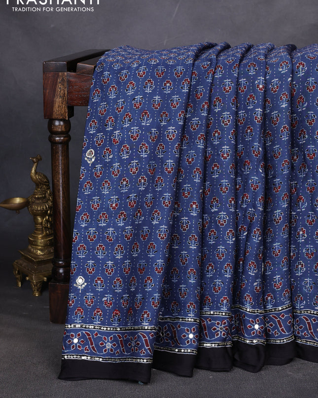 Modal silk saree indigo blue and black with allover ajrakh prints & sequin work and mirror sequin work pallu