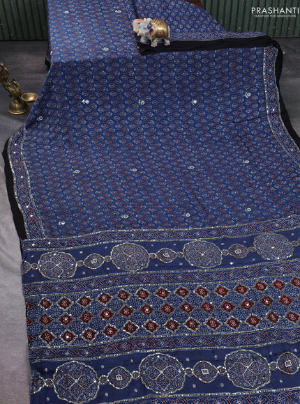 Modal silk saree indigo blue and black with allover ajrakh prints & sequin work and mirror sequin work pallu