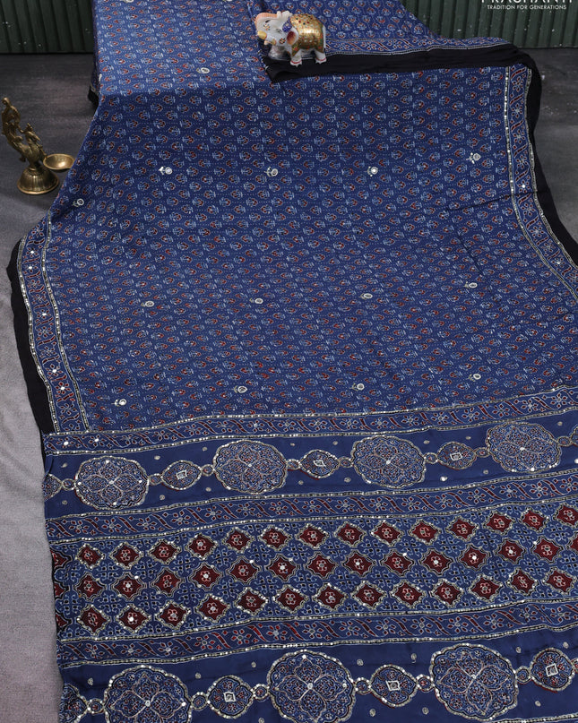 Modal silk saree indigo blue and black with allover ajrakh prints & sequin work and mirror sequin work pallu