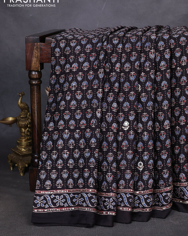 Modal silk saree black with allover ajrakh prints & sequin work and mirror sequin work pallu