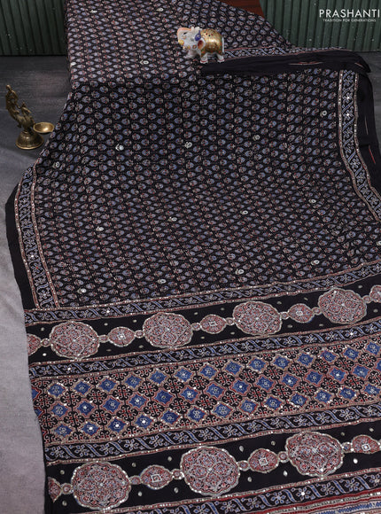Modal silk saree black with allover ajrakh prints & sequin work and mirror sequin work pallu