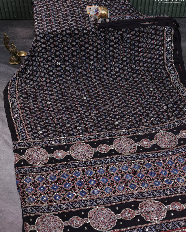 Modal silk saree black with allover ajrakh prints & sequin work and mirror sequin work pallu