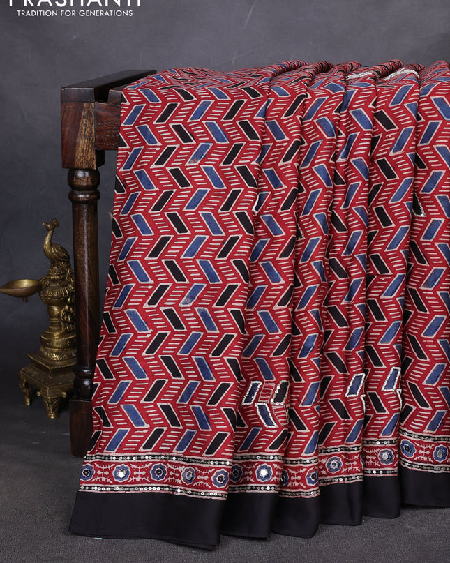 Modal silk saree maroon and black with allover ajrakh prints & sequin work and mirror sequin work pallu
