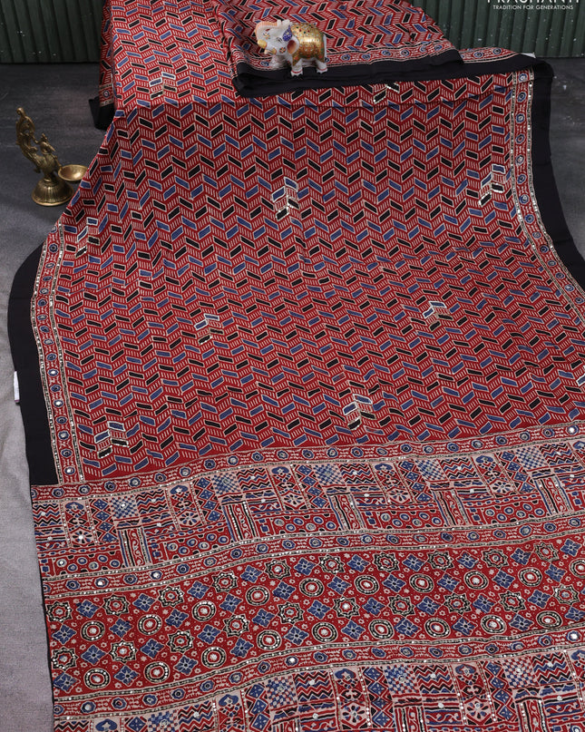 Modal silk saree maroon and black with allover ajrakh prints & sequin work and mirror sequin work pallu