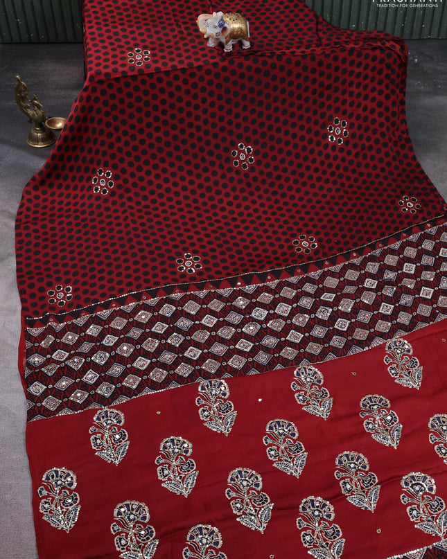 Modal silk saree maroon and black with allover polka dot prints & sequin work and ajrakh mirror sequin work pallu
