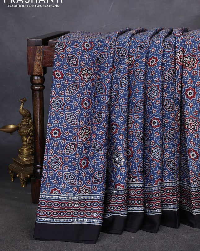 Modal silk saree indigo blue and black with allover ajrakh prints & sequin work and mirror sequin work pallu