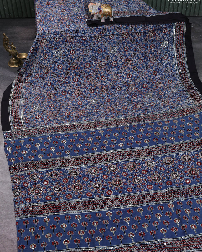 Modal silk saree indigo blue and black with allover ajrakh prints & sequin work and mirror sequin work pallu