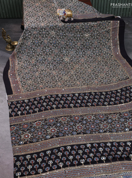 Modal silk saree black with allover ajrakh prints & sequin work and mirror sequin work pallu