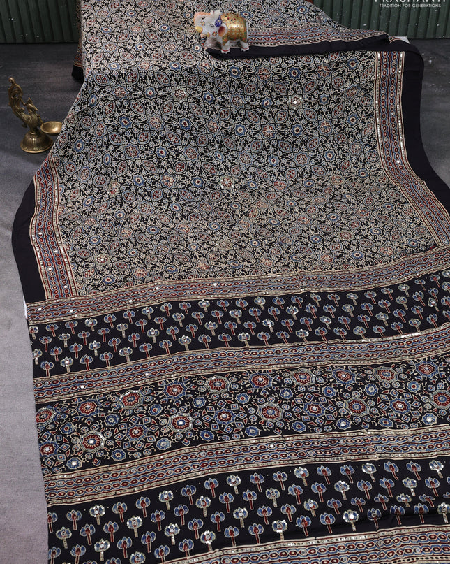 Modal silk saree black with allover ajrakh prints & sequin work and mirror sequin work pallu