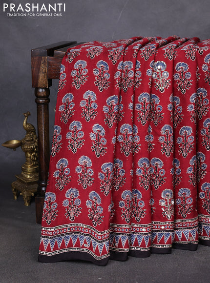 Modal silk saree maroon and black with allover ajrakh prints & sequin work and mirror sequin work pallu