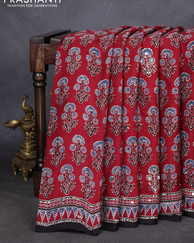 Modal silk saree maroon and black with allover ajrakh prints & sequin work and mirror sequin work pallu