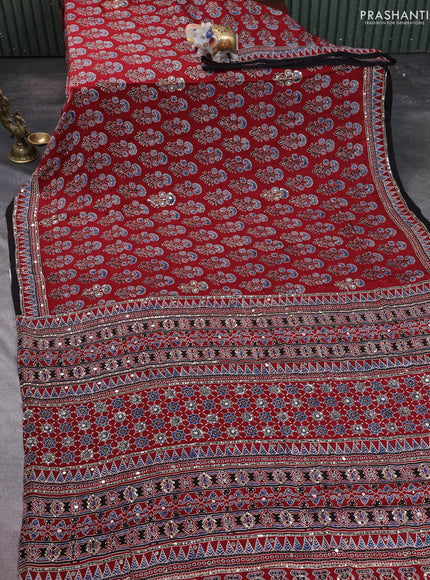 Modal silk saree maroon and black with allover ajrakh prints & sequin work and mirror sequin work pallu