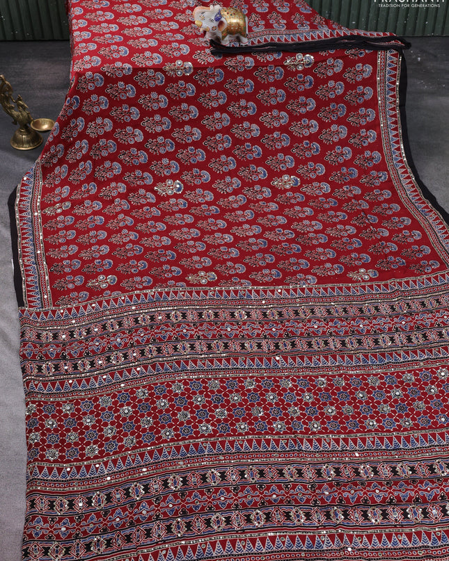 Modal silk saree maroon and black with allover ajrakh prints & sequin work and mirror sequin work pallu