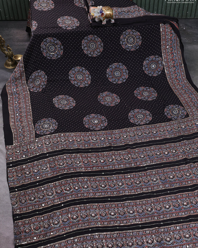Modal silk saree black with allover ajrakh prints & sequin work and mirror sequin work pallu