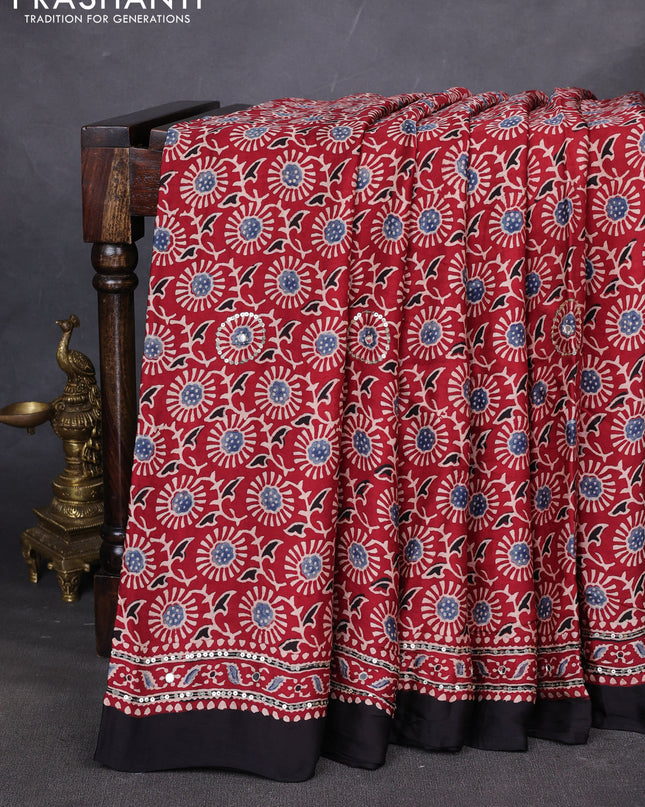 Modal silk saree maroon and black with allover ajrakh prints & sequin work and mirror sequin work pallu