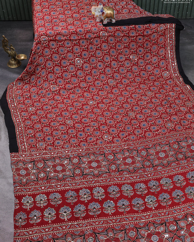 Modal silk saree maroon and black with allover ajrakh prints & sequin work and mirror sequin work pallu