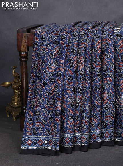 Modal silk saree indigo blue and black with allover ajrakh prints & sequin work and mirror sequin work pallu