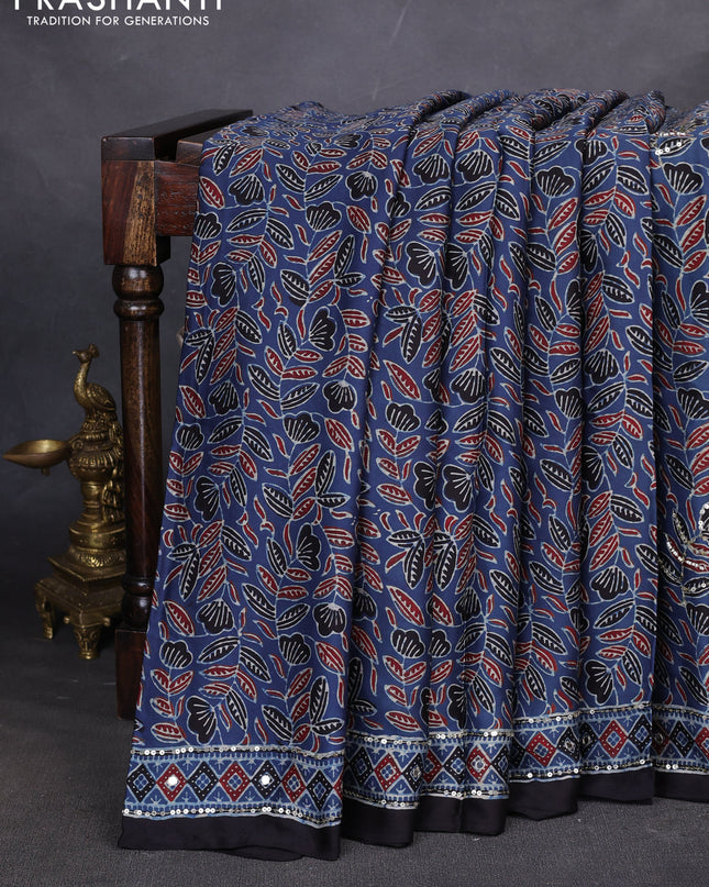 Modal silk saree indigo blue and black with allover ajrakh prints & sequin work and mirror sequin work pallu