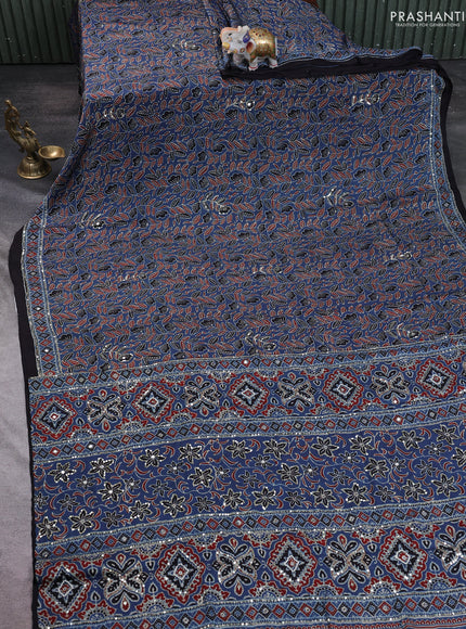 Modal silk saree indigo blue and black with allover ajrakh prints & sequin work and mirror sequin work pallu