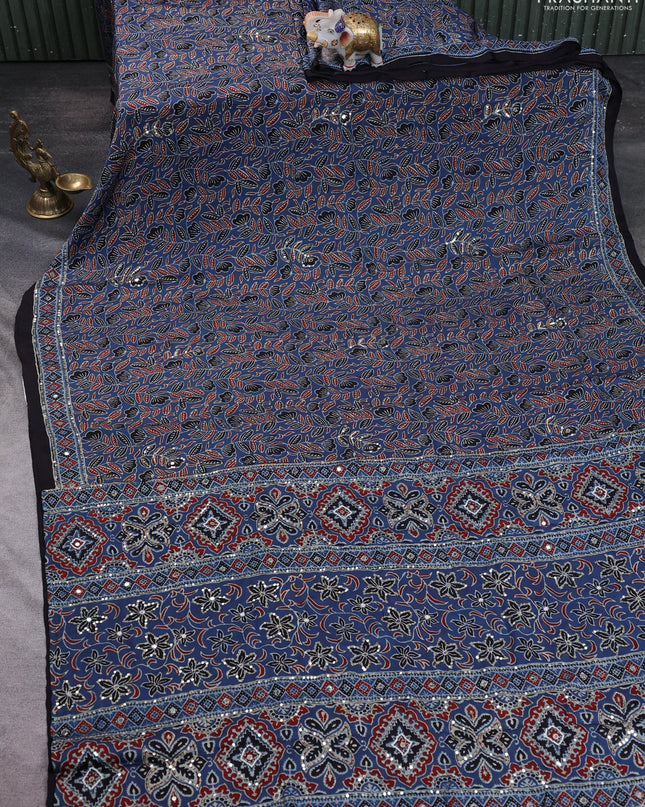 Modal silk saree indigo blue and black with allover ajrakh prints & sequin work and mirror sequin work pallu