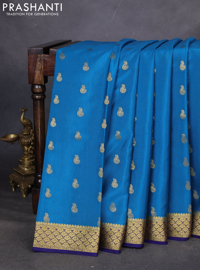 Pure mysore silk saree peacock blue and blue with allover zari woven buttas and zari woven border