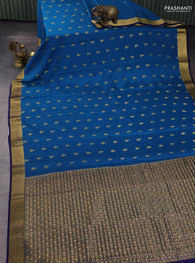 Pure mysore silk saree peacock blue and blue with allover zari woven buttas and zari woven border