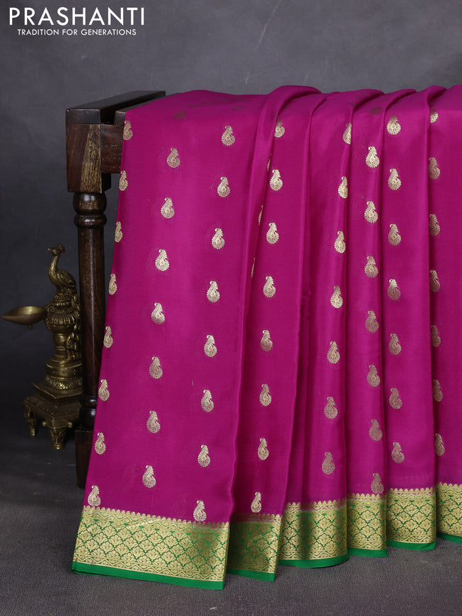 Pure mysore silk saree pink and green with allover zari woven buttas and zari woven border