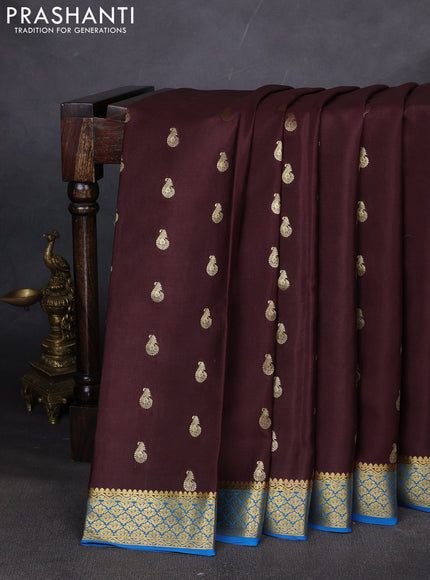 Pure mysore silk saree coffee brown and cs blue with allover zari woven buttas and zari woven border