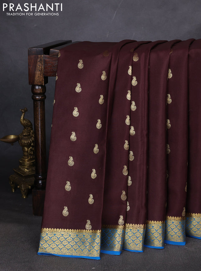 Pure mysore silk saree coffee brown and cs blue with allover zari woven buttas and zari woven border