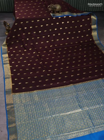 Pure mysore silk saree coffee brown and cs blue with allover zari woven buttas and zari woven border