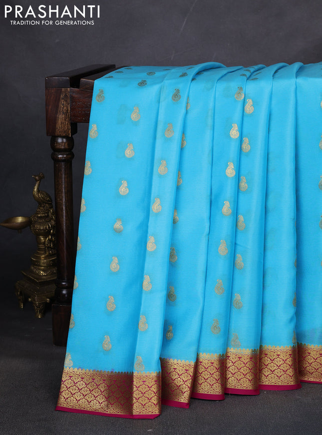 Pure mysore silk saree light blue and pink with allover zari woven buttas and zari woven border