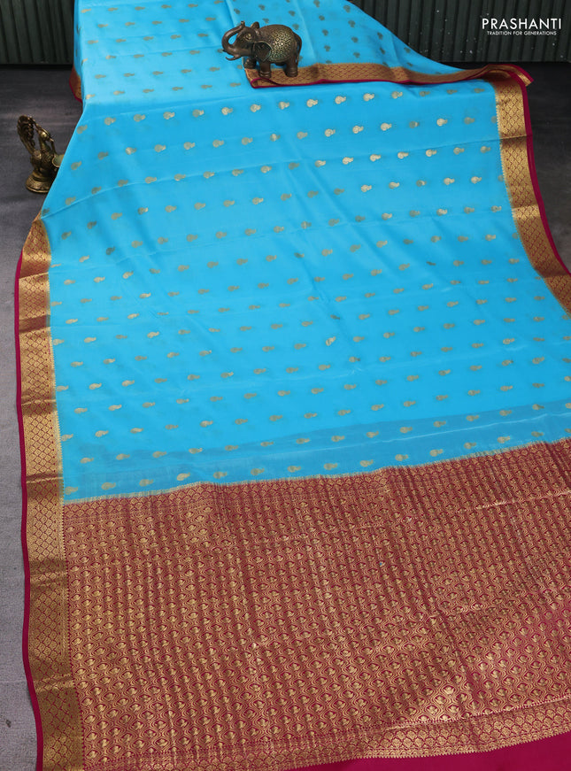 Pure mysore silk saree light blue and pink with allover zari woven buttas and zari woven border