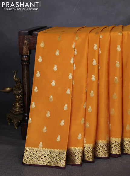 Pure mysore silk saree mustard yellow and coffee brown with allover zari woven buttas and zari woven border