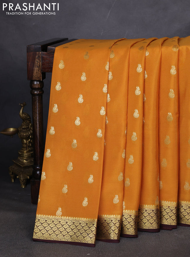 Pure mysore silk saree mustard yellow and coffee brown with allover zari woven buttas and zari woven border