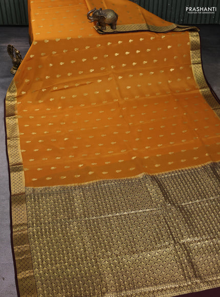 Pure mysore silk saree mustard yellow and coffee brown with allover zari woven buttas and zari woven border