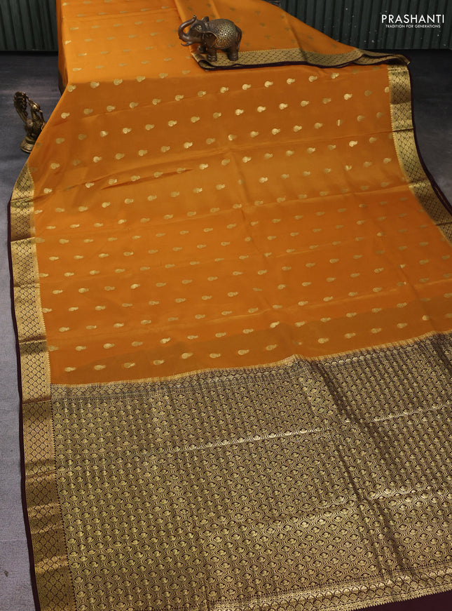 Pure mysore silk saree mustard yellow and coffee brown with allover zari woven buttas and zari woven border