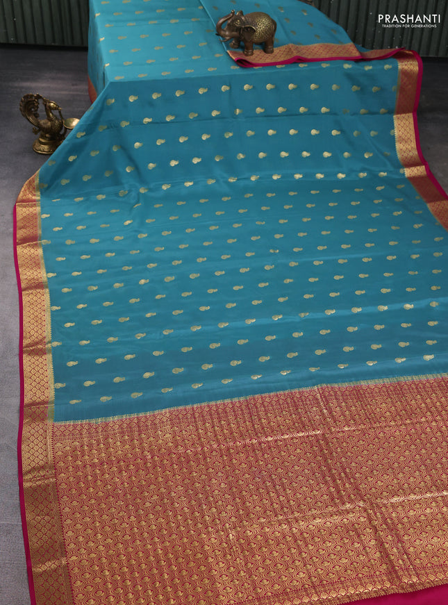 Pure mysore silk saree pastel blue shade and pink with allover zari woven buttas and zari woven border
