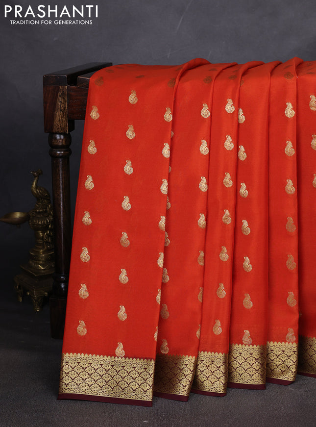 Pure mysore silk saree orange and coffee brown with allover zari woven buttas and zari woven border