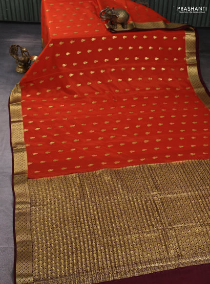 Pure mysore silk saree orange and coffee brown with allover zari woven buttas and zari woven border