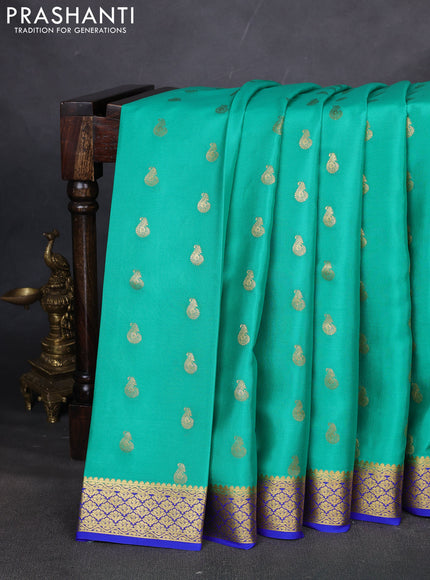Pure mysore silk saree teal green and royal blue with allover zari woven buttas and zari woven border